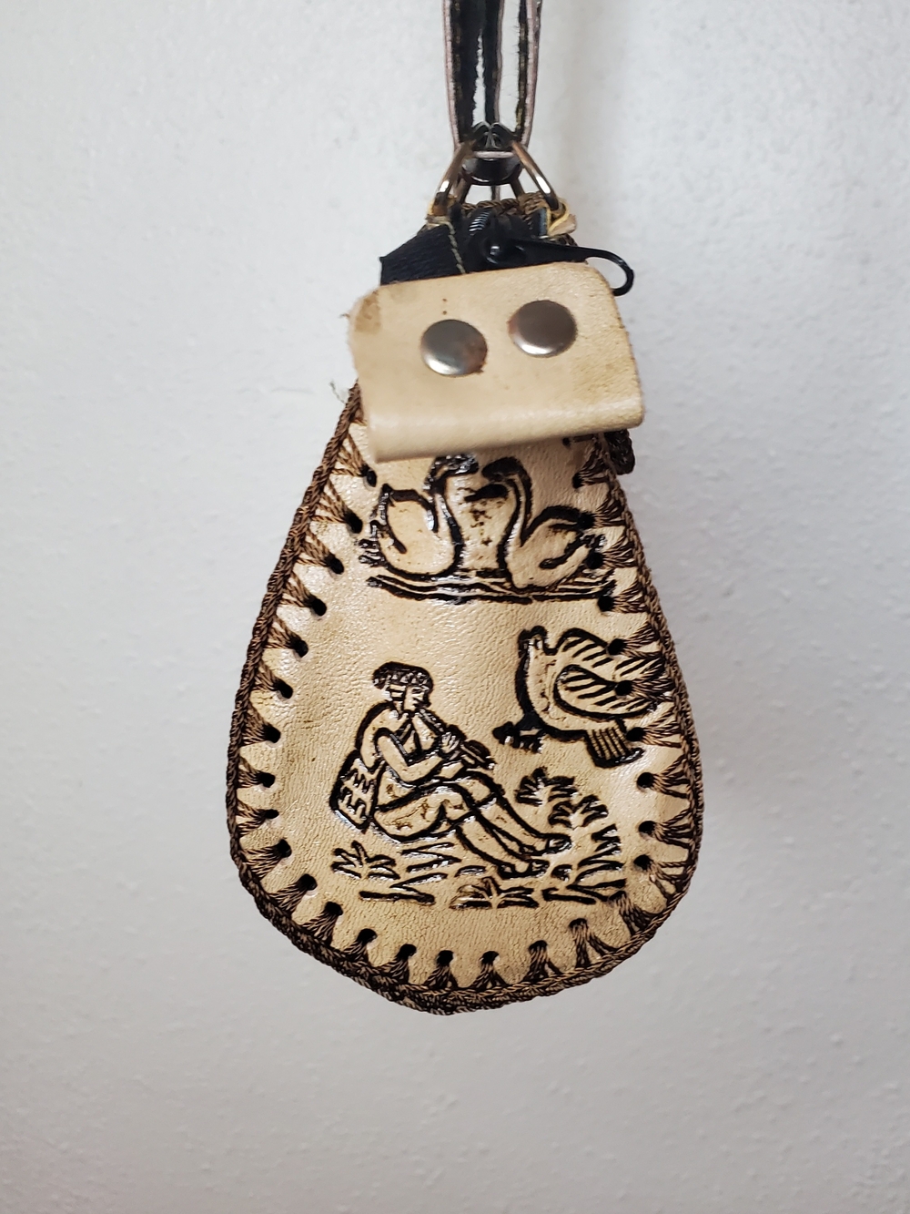 Peruvian Handmade Tooled Leather Serape Crossbody 8" Cream Brown Andean Textile - Picture 10 of 11